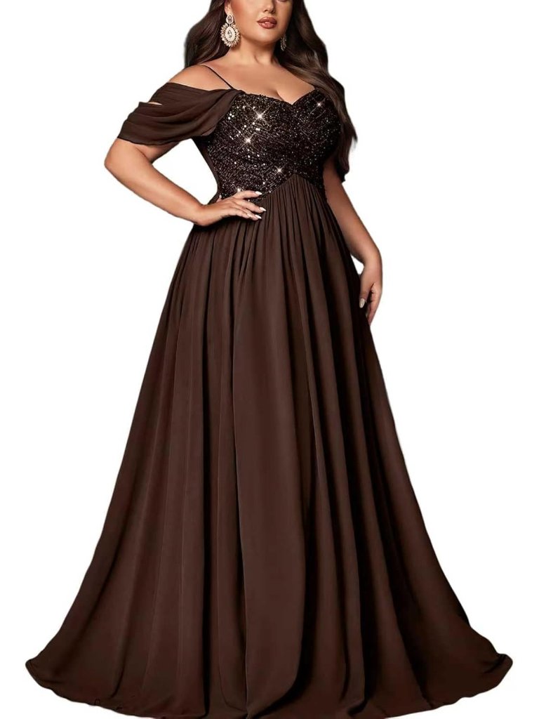 Women Coffeebrown Sequin Plus Size Bridesmaid Formal Cocktail Bodycon Maxi Dress